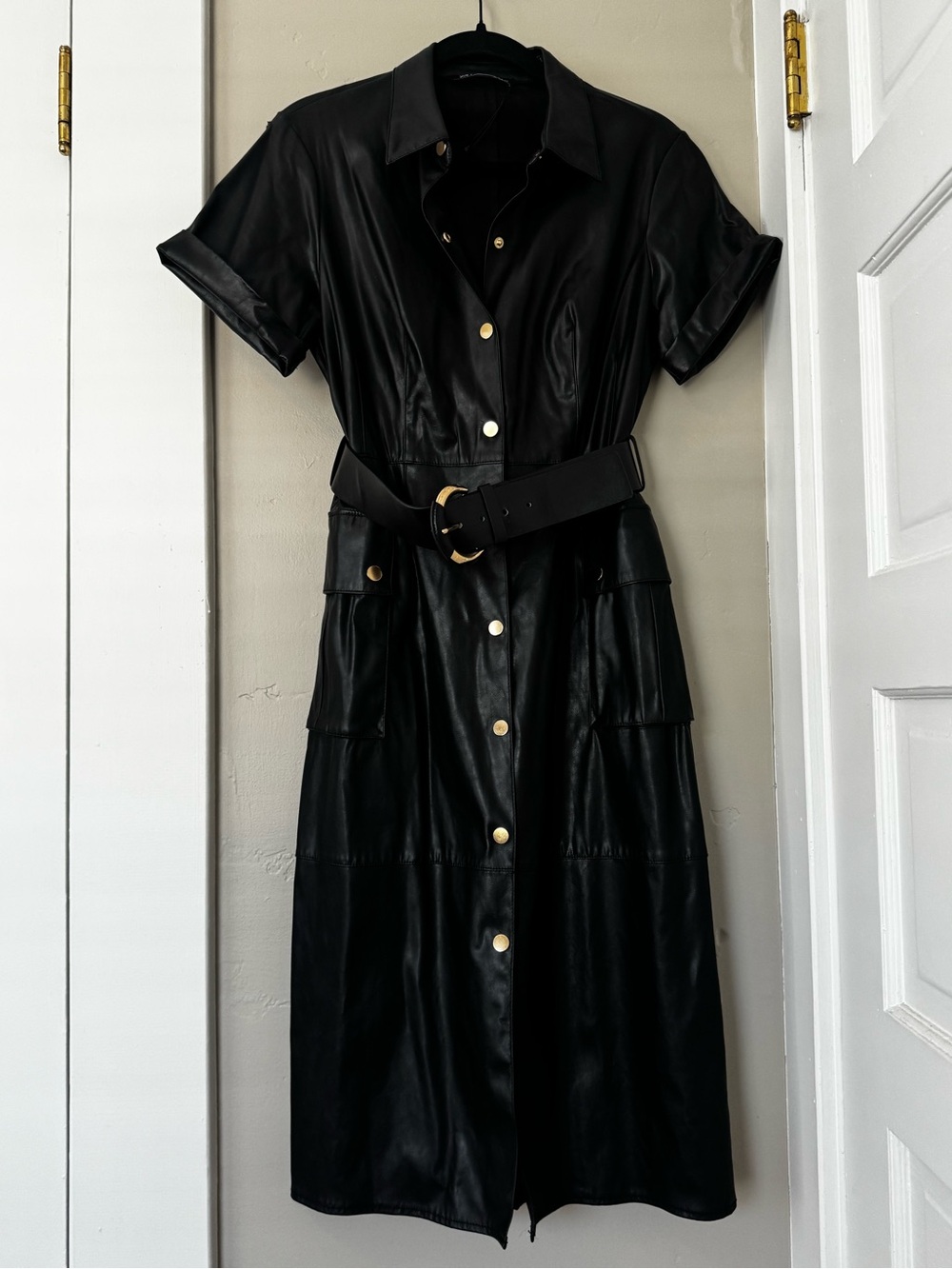 Zara Black Faux-Leather Midi Shirt Dress with Gold Accent Snaps and Belt